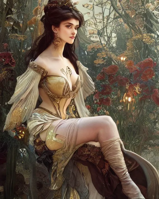 Prompt: a beautiful close up portrait of a enchantress sitting with elegant looks, leather clothing, ornate costume and flowing magic all around, intricate and soft by ruan jia, tom bagshaw, alphonse mucha, krenz cushart, beautiful palace ruins in the background, epic sky, vray render, artstation, deviantart, pinterest, 5 0 0 px models