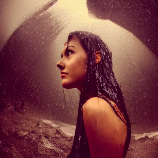 Prompt: Gorgeous primitive woman with a ginormous rock overhead, holding her hands out to the camera, in a rainy environment, fisheye!!!!! lens!!!!!, rainy and wet atmosphere, closeup, dark and grim lighting, trending on artstation, 4k, 8k