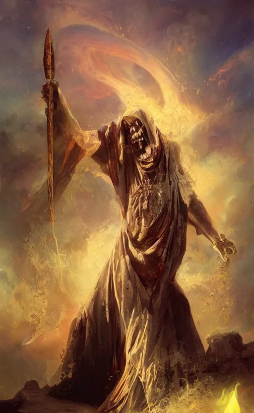 Image similar to the grime reaper holds the sands of time in his hand by kev walker and wlop and delphin enjolras and daniel f. gerhartz