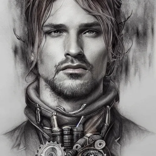 Image similar to hyper realistic pencil drawing of a man steampunk, water color, full figure, detailed, rim light, diffused, intricate, by anna dittmann,