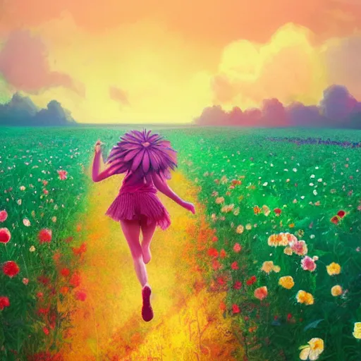 Prompt: giant rose flower head, full body girl running through a flower field, surreal photography, sunrise, dramatic light, impressionist painting, colorful clouds, digital painting, artstation, simon stalenhag