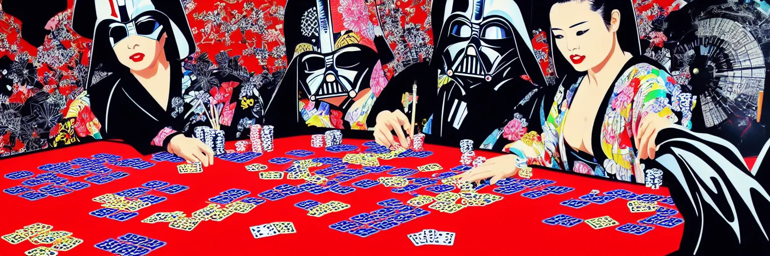 Image similar to hyperrealism composition of the detailed woman in a japanese kimono sitting at an extremely detailed poker table with darth vader, terminator, fireworks on the background, pop - art style, jacky tsai style, andy warhol style, acrylic on canvas