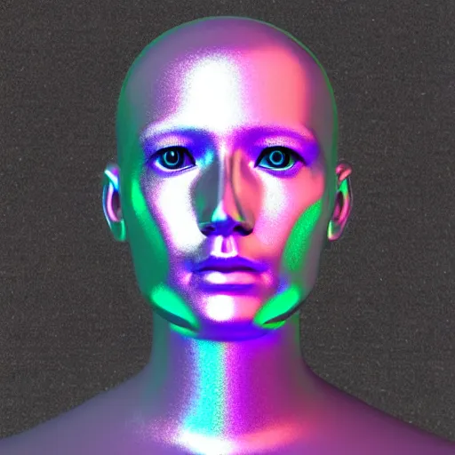 Image similar to 3d render of holographic human robotic head made of glossy iridescent, surrealistic 3d illustration of a human face non-binary, non binary model, 3d model human, cryengine, made of holographic texture, holographic material, holographic rainbow, concept of cyborg and artificial intelligence