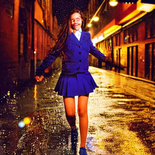 Prompt: night flash portrait photography of a high school girl in catholic school uniform on the lower east side by annie leibovitz, colorful, nighttime!, raining!