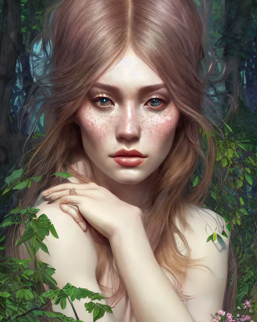 Prompt: beautiful digital painting of a stylish eurasian crystal socialite forest with high detail, real life skin, freckles, 8 k, stunning detail, works by artgerm, greg rutkowski and alphonse mucha, unreal engine 5, 4 k uhd