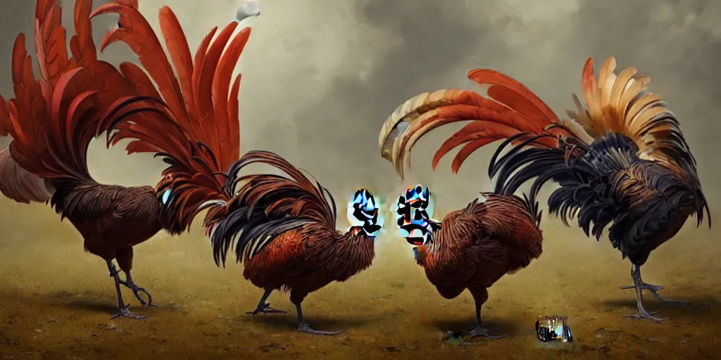 Image similar to digital painting of two roosters fighting, by karl wilhelm de hamilton and greg rutkowski, dieselpunk, steampunk, highly detailed, intricate, sharp focus, portrait, talons, anatomy, beak, wings
