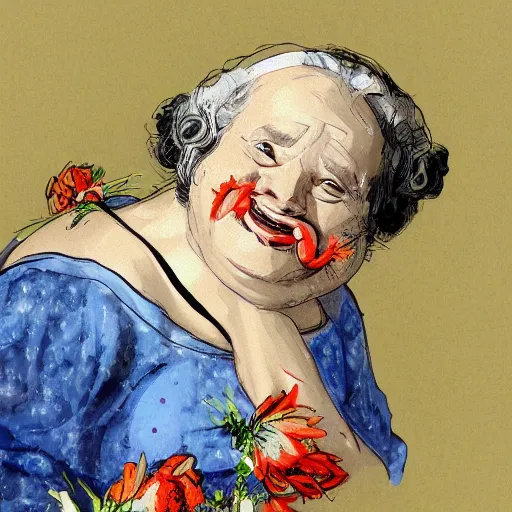 Image similar to of a very funny academic style mixed media style. a sweet fat old woman is in love with her self. flowery dress. symmetrical face, red mouth, blue eyes. a flowery dress. deep focus, lovely scene. a very funny and sweet picture. unreal engine. pencil and ink. goya painting style.