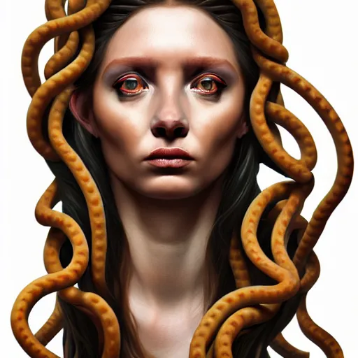 Image similar to portrait of medusa with long thin sausages instead of snakes, sausage hair, painting, illustration, intricate details, masterpiece, digital art, trending on artstation