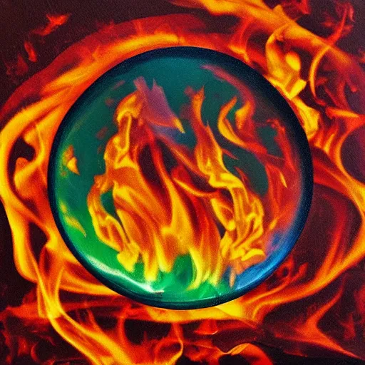 Prompt: soap bubble covered in fire flames, centered, symmetrica, oil paintingl