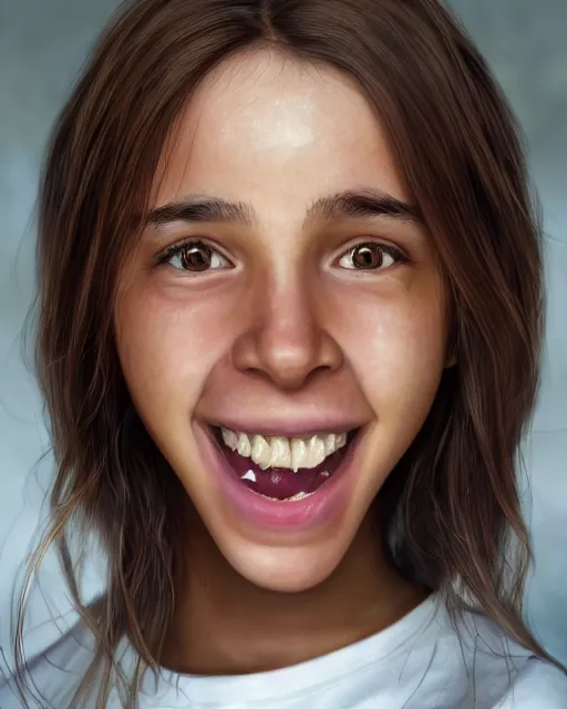 Image similar to close up portrait of 1 5 - year - old girl, smile with large front teeth, hermione granger, very bushy brown hair, and very bright brown eyes, wearing white shirt, hyper realistic face, beautiful eyes, character art, art by mark brooks, hyperdetailed, cryengine, trending on artstation, digital art