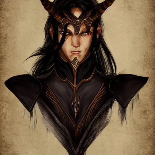 Image similar to portrait of pretty boy elvish tiefling with pointy ears and long dark hair, armored, fantasy, art