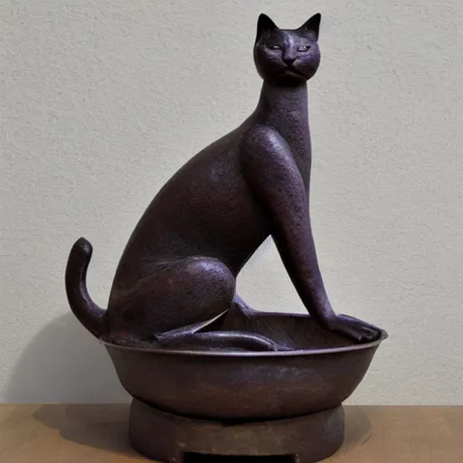 Prompt: a bronze cat sculpture which also seems to be an enormous ashtray