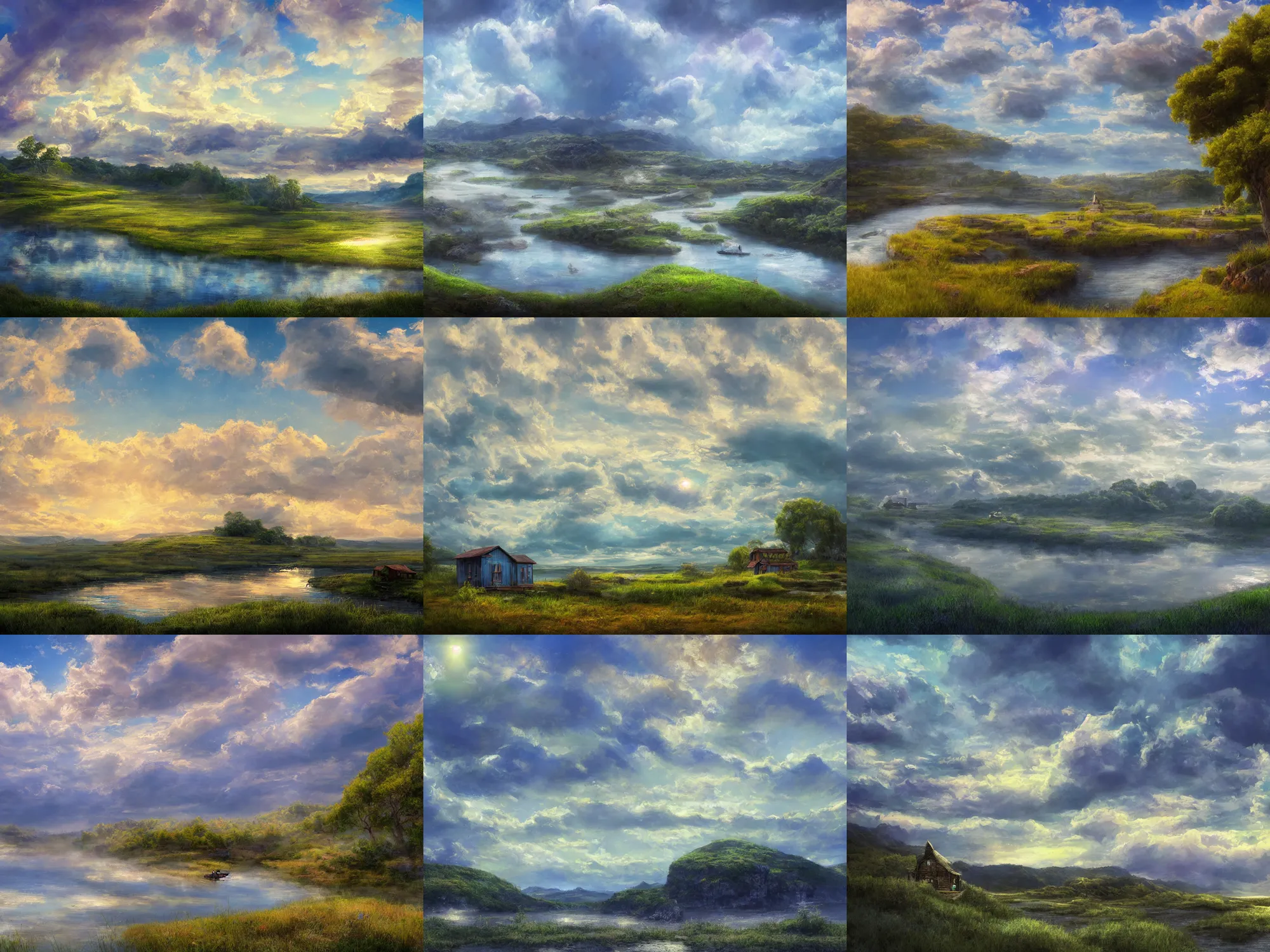 Prompt: wide river and tiny house on the top of the hill, dream heavenly cloudy blue sky, epic wide sky and horzon, volumetric lighting, fantasy artwork, very beautiful scenery, pastel colors, ultra view angle view, painting in the style of isaac levitan and T Allen Lawson and Ian Fisher sidney richard percy