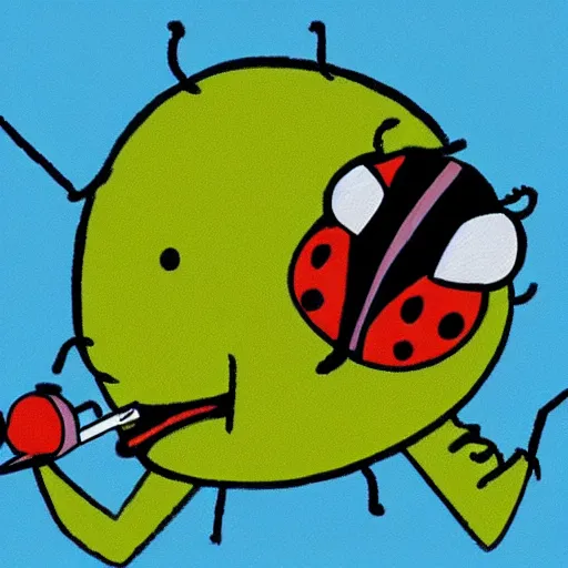 Prompt: an artwork depicting a cartoon ladybug smoking a joint, green background