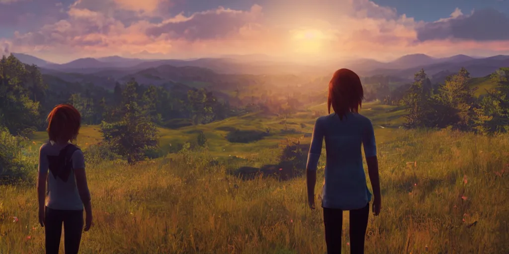 Prompt: Max Caulfield standing on a hillside with her back to the camera watching sunset, photo