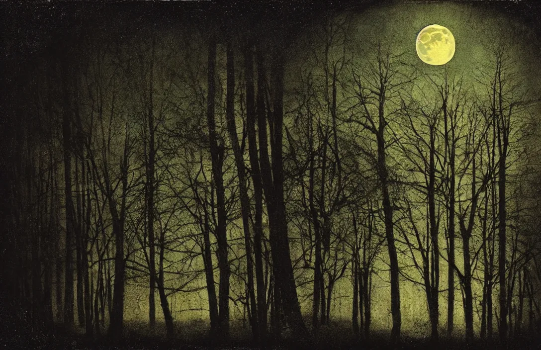 Prompt: moon visible through the trees fusing a dream world of imagination with closely observed reality rebirth of classical culture painting by caspar david frederich intact flawless ambrotype from 4 k criterion collection remastered cinematography gory horror film, ominous lighting, evil theme wow photo realistic postprocessing tower of silence render by christopher soukup