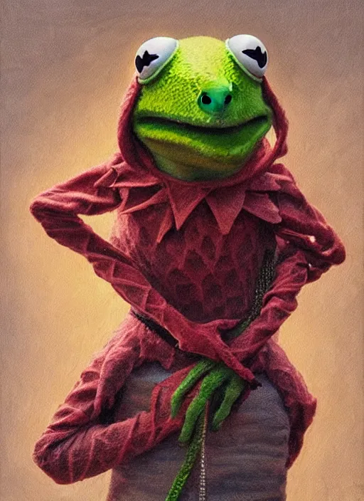 Prompt: portrait of Kermit the frog in ExistenZ (1999), highly detailed, centered, solid color background, digital painting, artstation, concept art, smooth, sharp focus, illustration, artgerm, donato giancola, Joseph Christian Leyendecker, Les Edwards, Ed Repka, WLOP, Artgerm