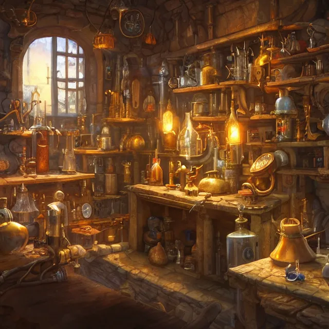 Image similar to a digital painting of a cluttered fantasy medieval alchemist's laboratory by justin gerard, paul bonner, highly detailed, volumetric lighting, digital art, artstation hd