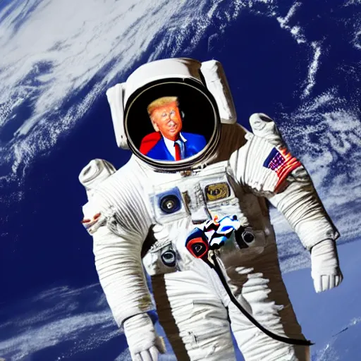 Image similar to donald trump in a space suit, holding an automatic rifle, on board the international space station. Photorealistic