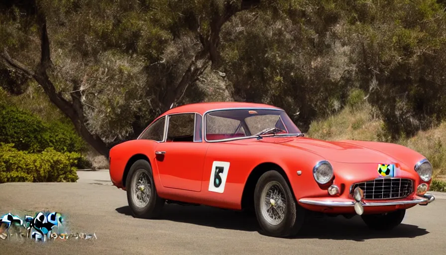 Image similar to photograph, 1958 FERRARI 250 GT, by Pete Biro, Peter Singhof, press release, cinematic, malibu canyon, 8k, depth of field, bokeh. rule of thirds, copper paint