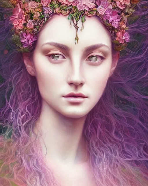 Image similar to portrait of a beautiful goddess of nature, graceful beauty, esoteric, nature and floral aesthetics, other worldly colors, head in focus, intricate, elegant, highly detailed, artstation, artistic, concept art, painterly, sharp focus, art style by emilia elfe