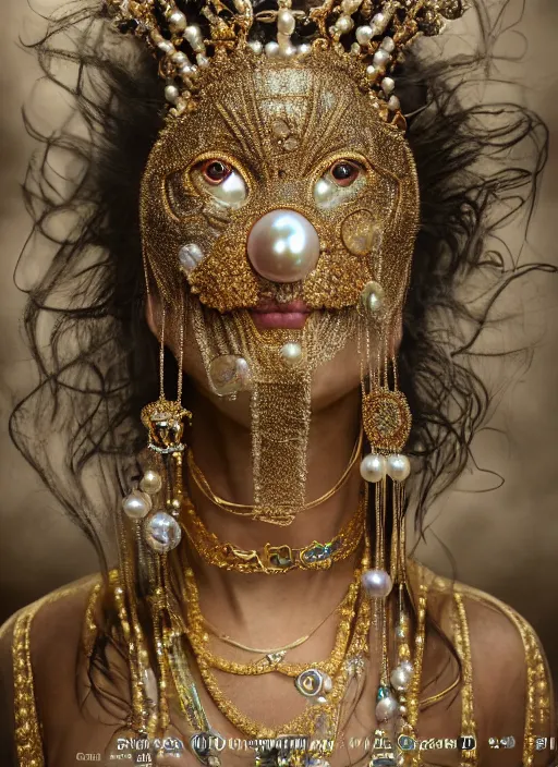 Prompt: hyperrealism, detailed textures, award winning autochrome photo, symetrical japanese pearl medusa queen autochrome pearl portrait, pearl silverplate, intricate, detailed facial pearl animal mask, pearl, golden jewelery, silverplate, ultra realistic, cinematic, intricate, cinematic light by steve mccurry, unreal engine 8 k