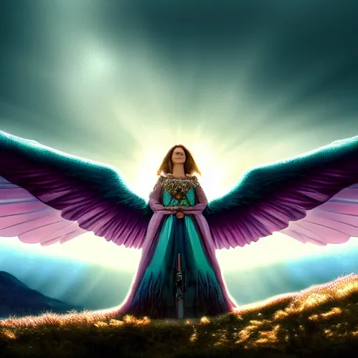 Image similar to royalty angel, big wings, argentina, natalie portman, hudson river school, max rive, full plate armor, f 1 6, bokeh, gentle, female, snowy mountain, storm clouds, god rays, close up portrait, d & d, fantasy, elegant, teal pink white gold color palette, concept art, roger deakins and greg rutkowski and alphonse mucha