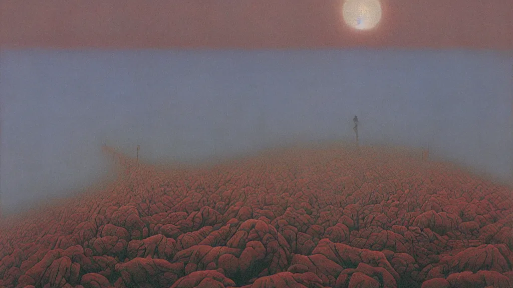 Image similar to scary landscape, surrealism, bright color pallet, painted by zdzisław beksinski