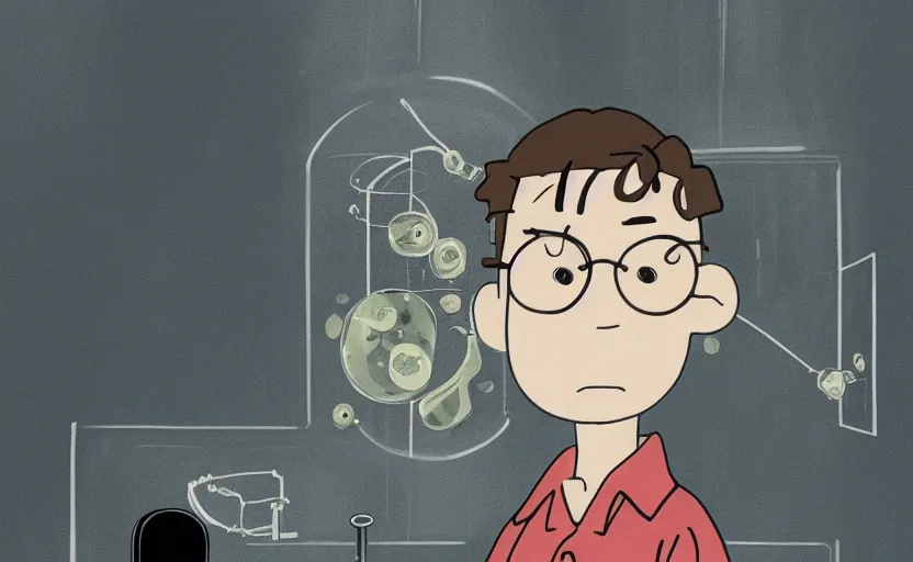 Prompt: a film still portrait of a nerdy scientist in a hallway cubic buble, finely detailed features, closeup at the faces, perfect art, grimdark, trending on pixiv fanbox, painted by studio ghibli, charlie brown