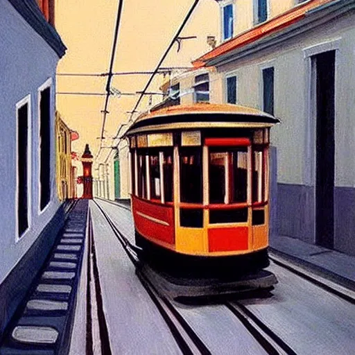 Image similar to street art. paralyzed by the indescribable beauty of the cosmos. amazing view of the tram from lisbon. art style by edward hopper daring, incredible