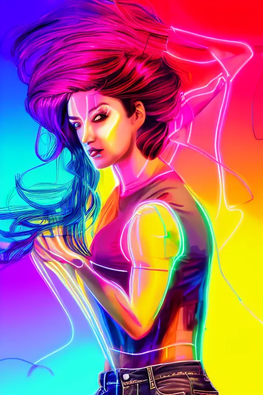 Image similar to a award winning half body portrait of a beautiful woman with stunning eyes in a croptop and cargo pants with rainbow colored ombre hairstyle head in motion and hair flying by thomas danthony, surrounded by whirling illuminated neon lines, outrun, vaporware, shaded flat illustration, digital art, trending on artstation, highly detailed, fine detail, intricate