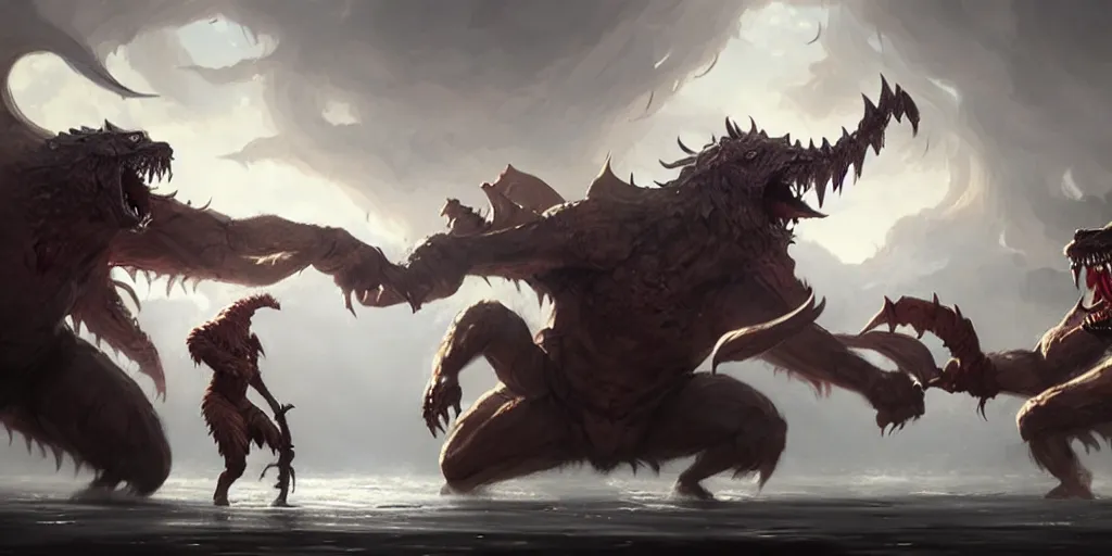 Image similar to hyper realistic fantasy monster fight scene, concept art, by greg rutkowski