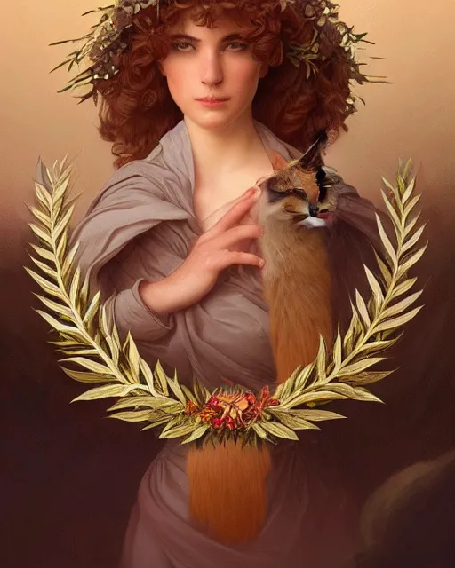 Prompt: a laurel wreath on top of a head of fluffy caracal, photography of kurzgesagt, no people, deep focus, d & d, intricate, elegant, highly detailed, digital painting, artstation, concept art, matte, sharp focus, illustration, hearthstone, art by artgerm and greg rutkowski and alphonse mucha