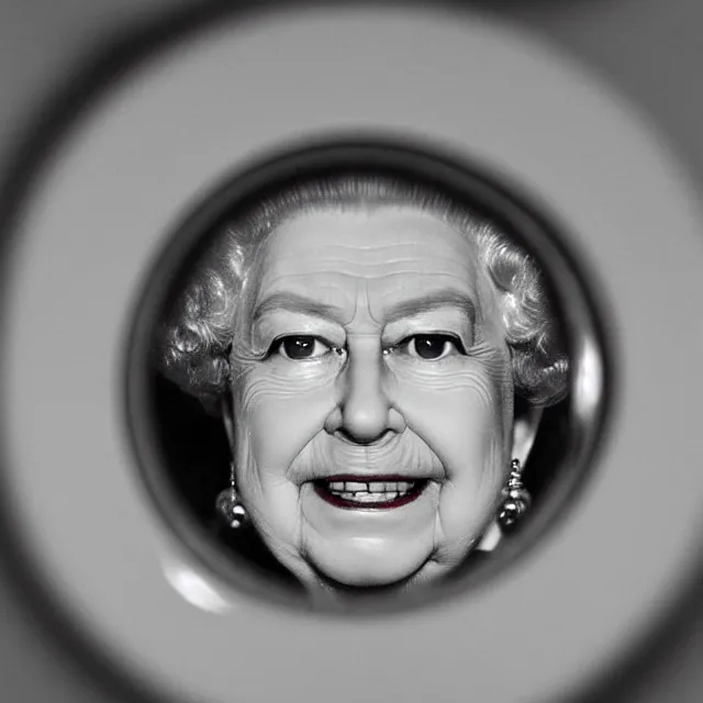 Prompt: photo of queen elizabeth staring at you through a peephole, lens distortion, fringing, close up