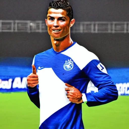 Prompt: full body photo of Cristiano Ronaldo wearing the Cruzeiro Esporte Clube uniform, very detailed