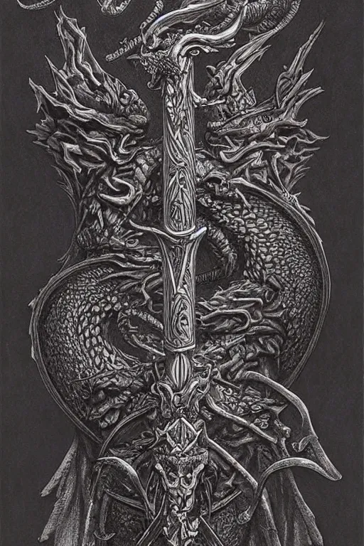 Image similar to a war axe engraved with dragon ornaments by Gerald Brom