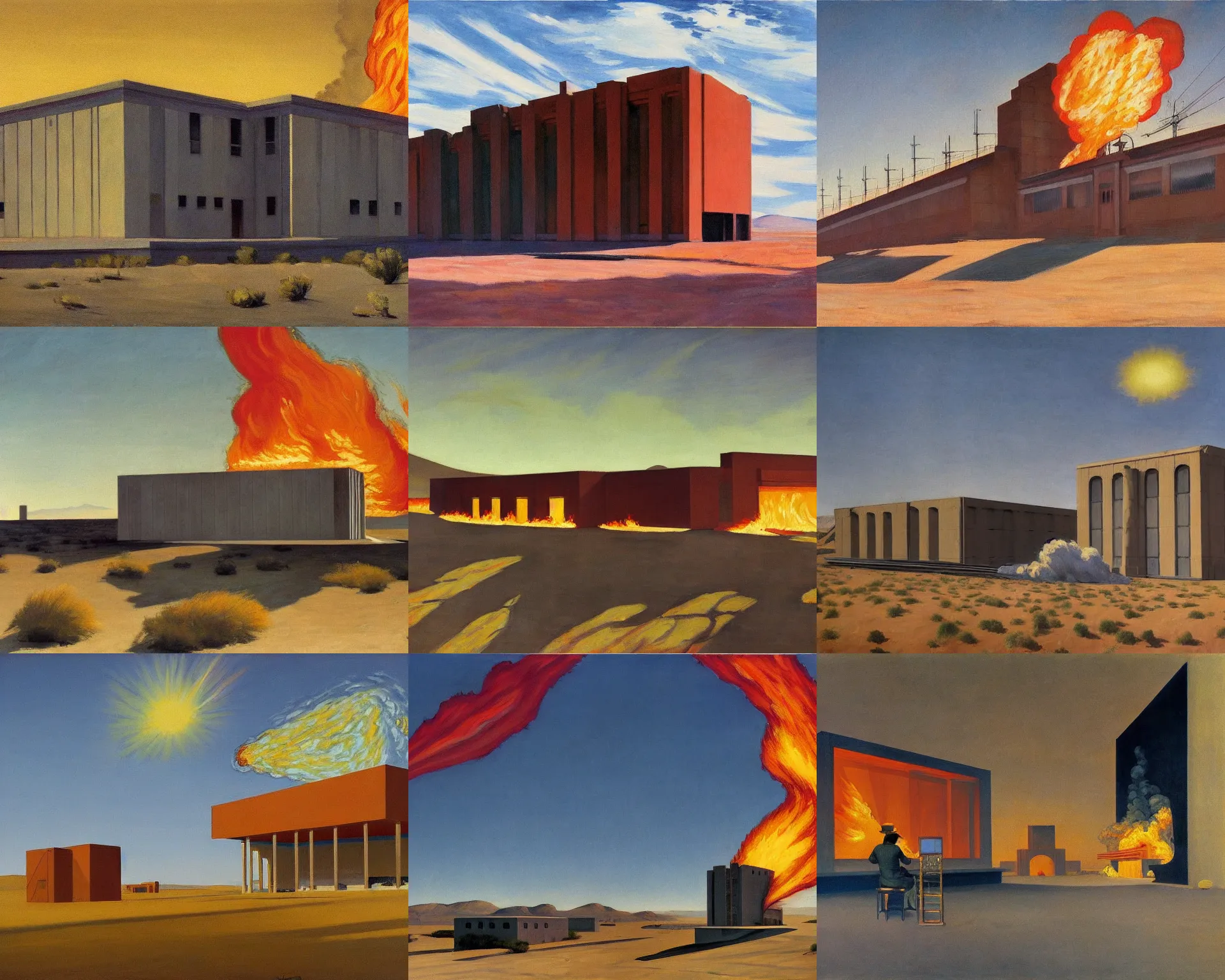 Prompt: a highly detailed painting by edward hopper of a mysterious government science lab exploding into flames in the middle of the great basin desert. it was built to research super powers and has sat abandoned since the mid - 1 9 7 0 s. brutalist architecture.