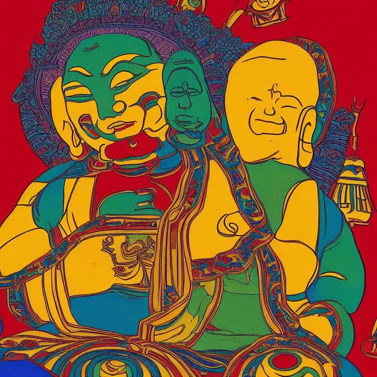 Prompt: smiling buddha immense knowledge infinite color dmt art ornate red green yellow deep blue