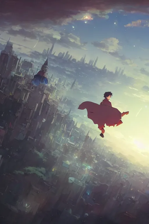 Image similar to a young man falling from the sky towards a magical city with a european style at night, illustration concept art anime key visual trending pixiv fanbox by wlop and greg rutkowski and makoto shinkai and studio ghibli