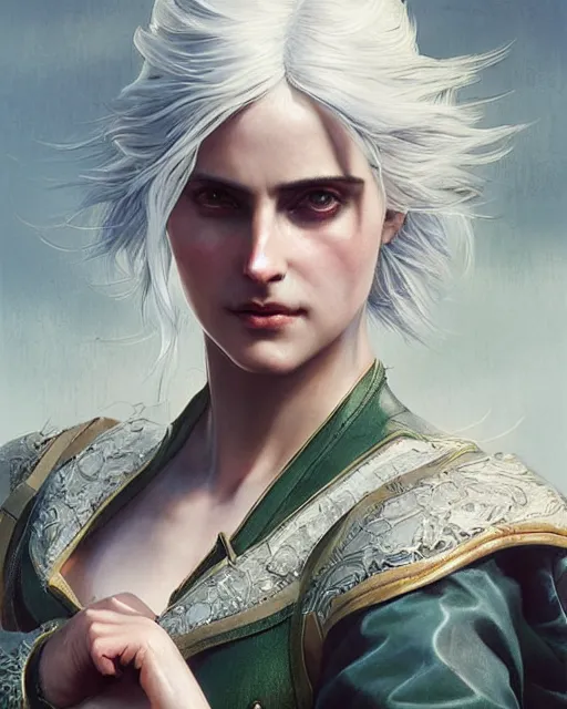 Prompt: Pre-Raphaelite Ciri from Witcher 3 by Artgerm and Greg Rutkowski, wearing haute couture by schiaparelli, sharp focus, sun rays, intricate, elegant, highly detailed, digital painting, masterpiece.