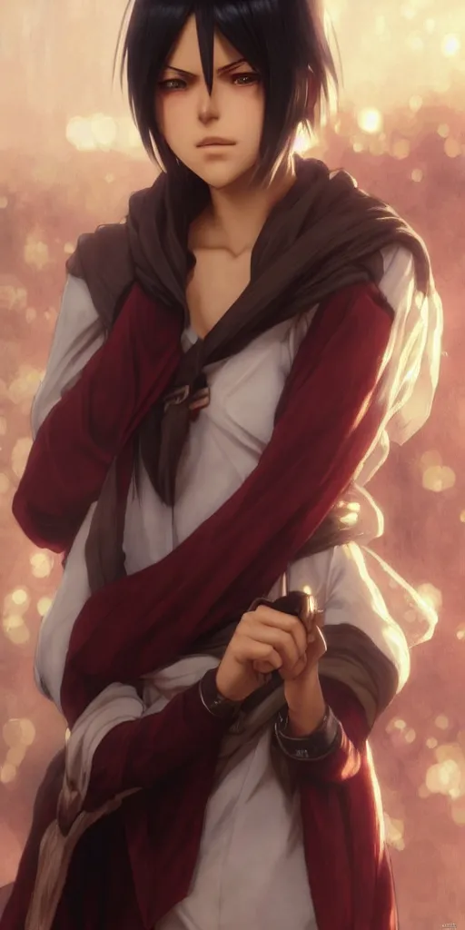 Image similar to mikasa ackerman, hero pose, medium shot, bokeh, beautiful face!!!!, 2 7 years old, cg animation, lifelike, animated, realistic, character select portrait, by artgerm, greg rutkowski, alphonse mucha, 3 d