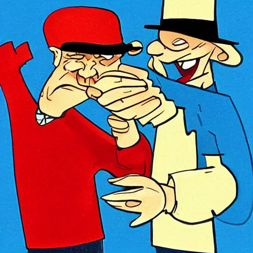 Prompt: caricature angry red bald man slapping another man in a hat in the face. Well composed, detailed, concept art by Mike Altman