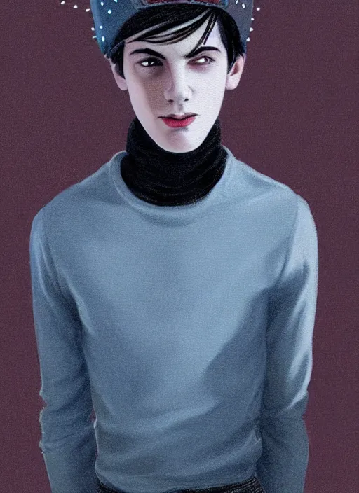 Image similar to portrait of teenage jughead jones wearing a light grey crown, crown, blue turtleneck, 1 9 5 0 s, closed eyes, photorealistic, black hair, glowing lighting, intricate, elegant, glowing lights, highly detailed, digital painting, artstation, concept art, smooth, sharp focus, illustration, art by wlop, mars ravelo and greg rutkowski