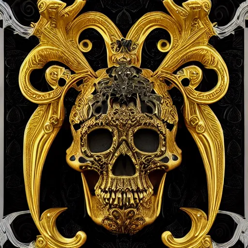 Image similar to 3d golden and black skull engraved with baroque ornaments. trending on artstation. octane render. dark art. gothic art. symmetrical artwork