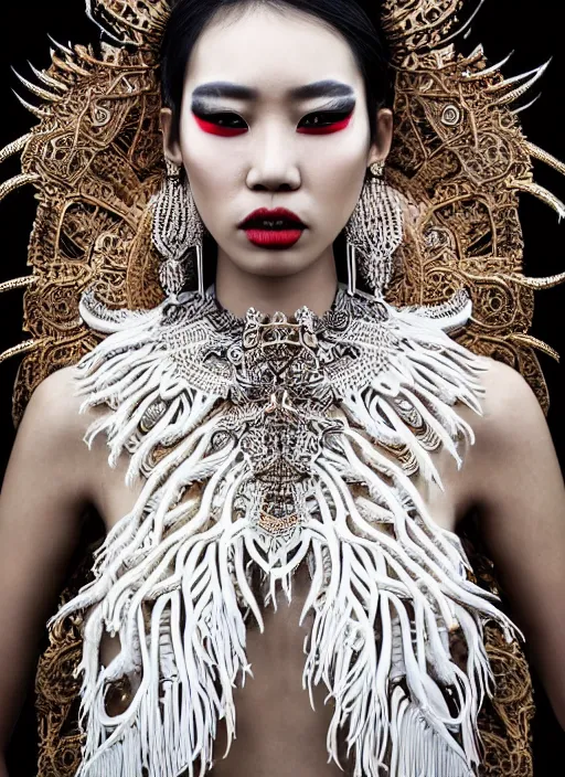 Image similar to a fierce looking beautiful young thai woman with symmetrical white makeup, wearing an intricate headdress made from bones and leather, wearing large earrings made from white bones, hyperdetailed illustration by irakli nadar and alexandre ferra, intricate linework, in the style of a national geographic portrait, unreal engine 5 highly rendered, global illumination, radiant light, detailed and intricate environment