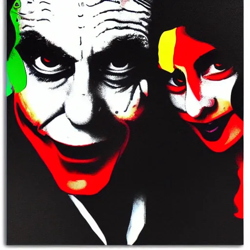 Image similar to mimmo rottela and banksy as joaquin phoenix skinny joker holding hand lady gaga harley queen, ultra photorealistic, extreme realistic, intricate details, pop art style, concept art, confident, love, random object movement, 3 colours, warm color, 4 k, ultra smooth, sharp focus