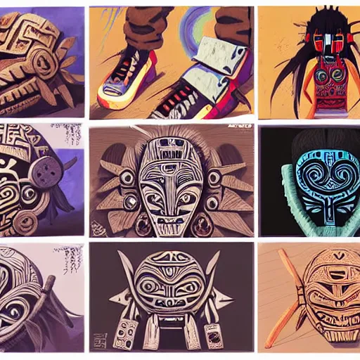 Image similar to detailed sneaker design concept art, aztec mayan street fashion native punk sneaker design, majora's mask, wearing wooden mask, hip hop sneaker design with subtle mayan patterns, gapmoe yandere grimdark, trending on pixiv fanbox, painted by greg rutkowski makoto shinkai takashi takeuchi studio ghibli, akihiko yoshida