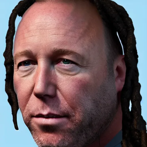 Image similar to Alex Jones appears as Lil Wayne with dreadlocks and facial tattoos, close up, high quality, photo