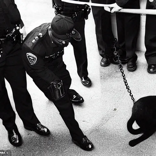 Image similar to A black cat being arrested by the police, with handcuffs being put on his paws