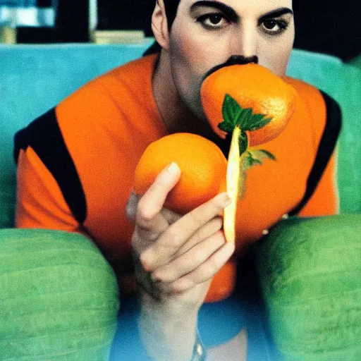 Prompt: Freddie Mercury eating an orange on a couch in a flowerfield.